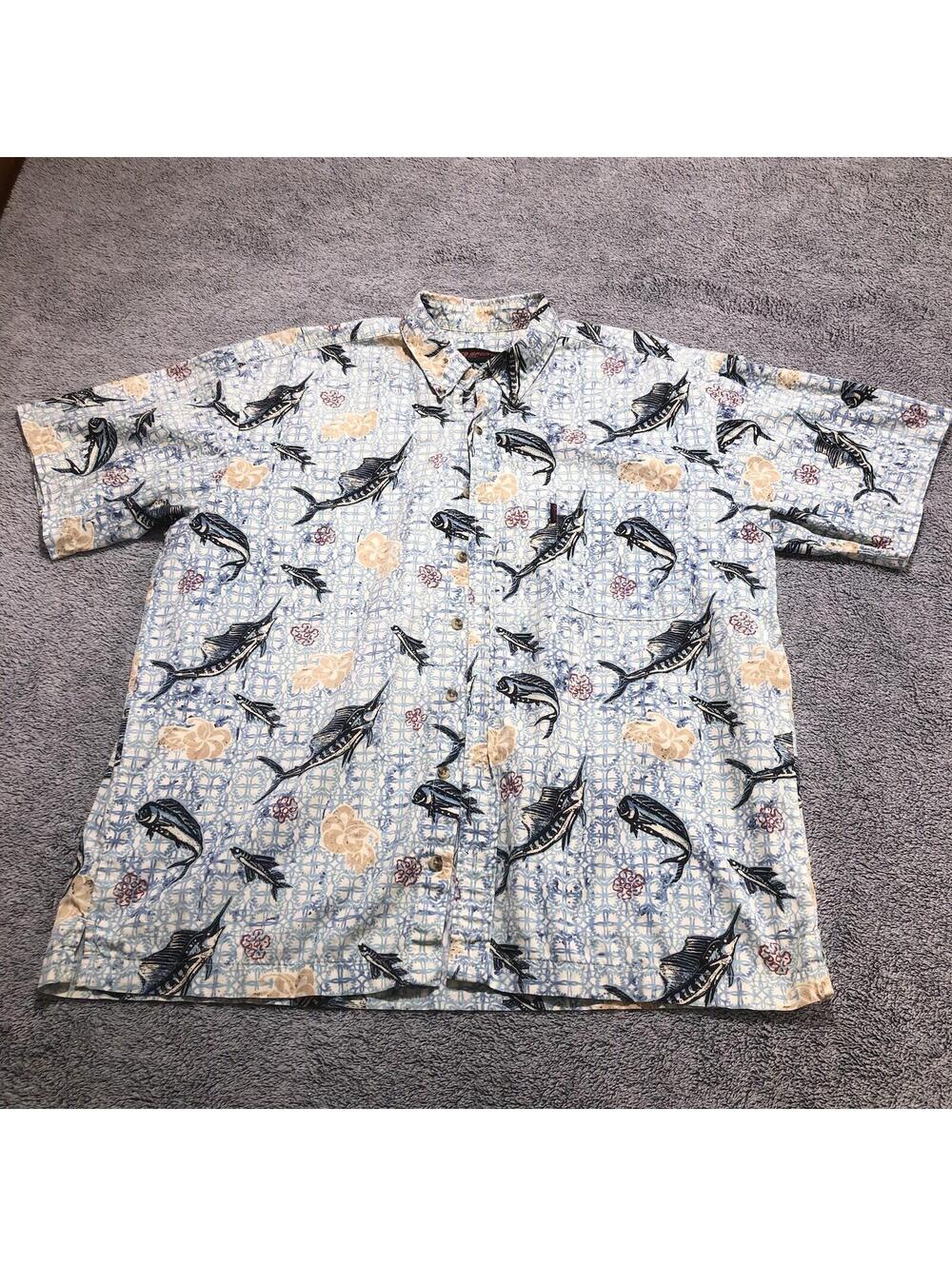 SPORTIF USA Short Sleeve Shirt Mens LG Marlin Tropical Fish Button Up Graphic